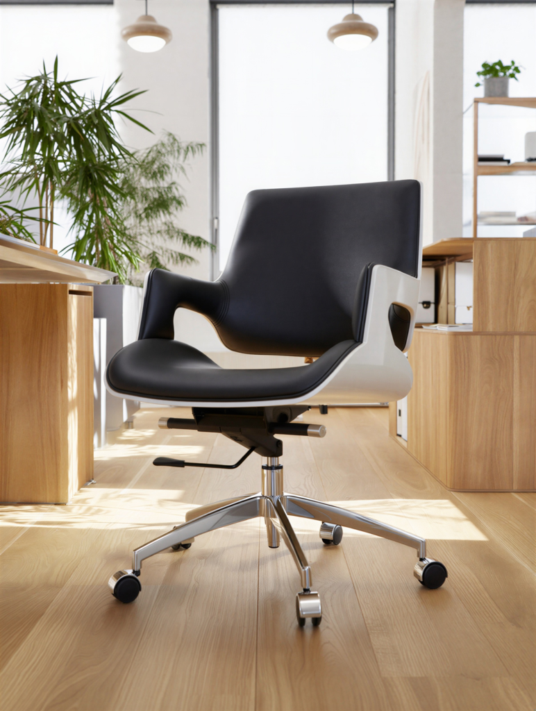 Chaise de bureau Aura Pure cuir noir et coque laquée blanche dossier ajouré