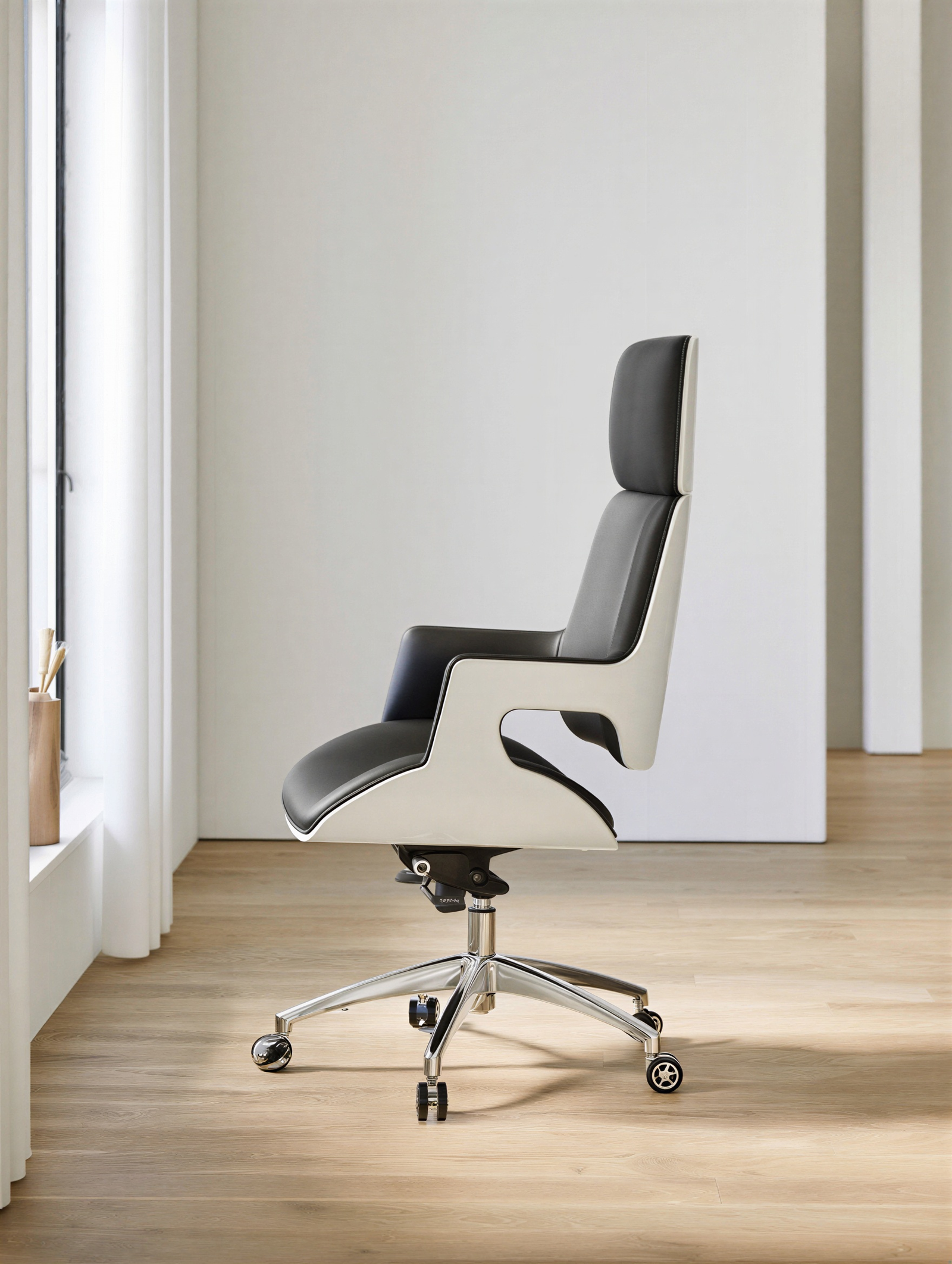 Vue de profil de la chaise Aura Signature montrant la coque en bois multiplis laqué blanc