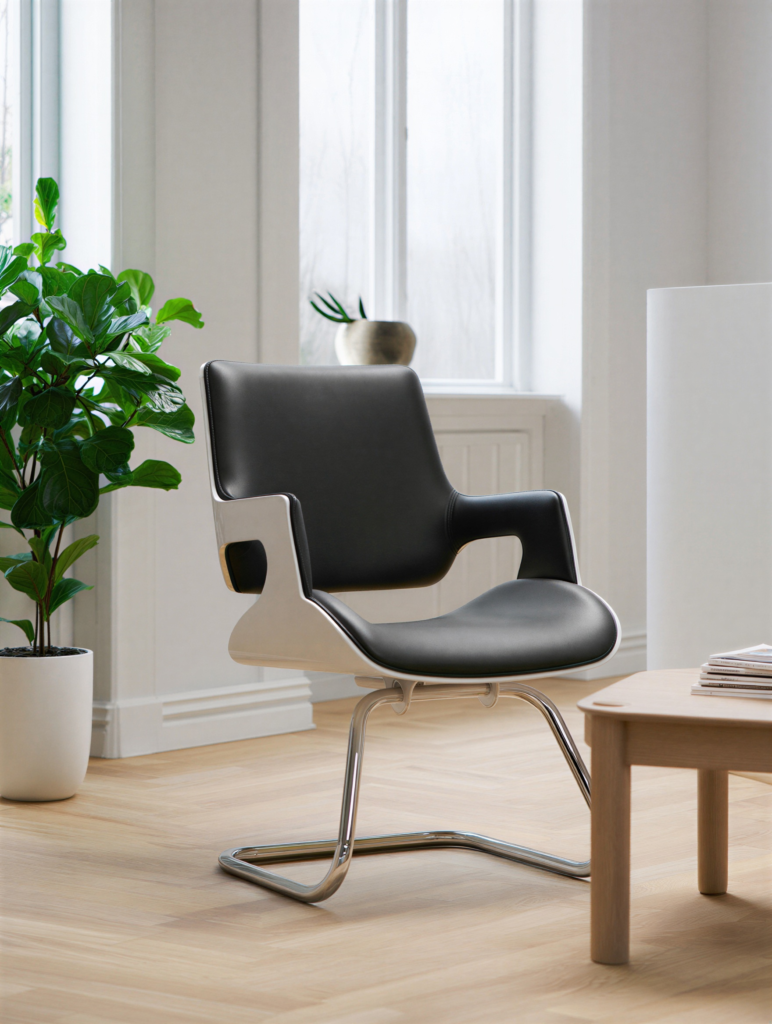 Chaise visiteur Aura Galeria cuir véritable noir et coque laquée blanche piètement luge