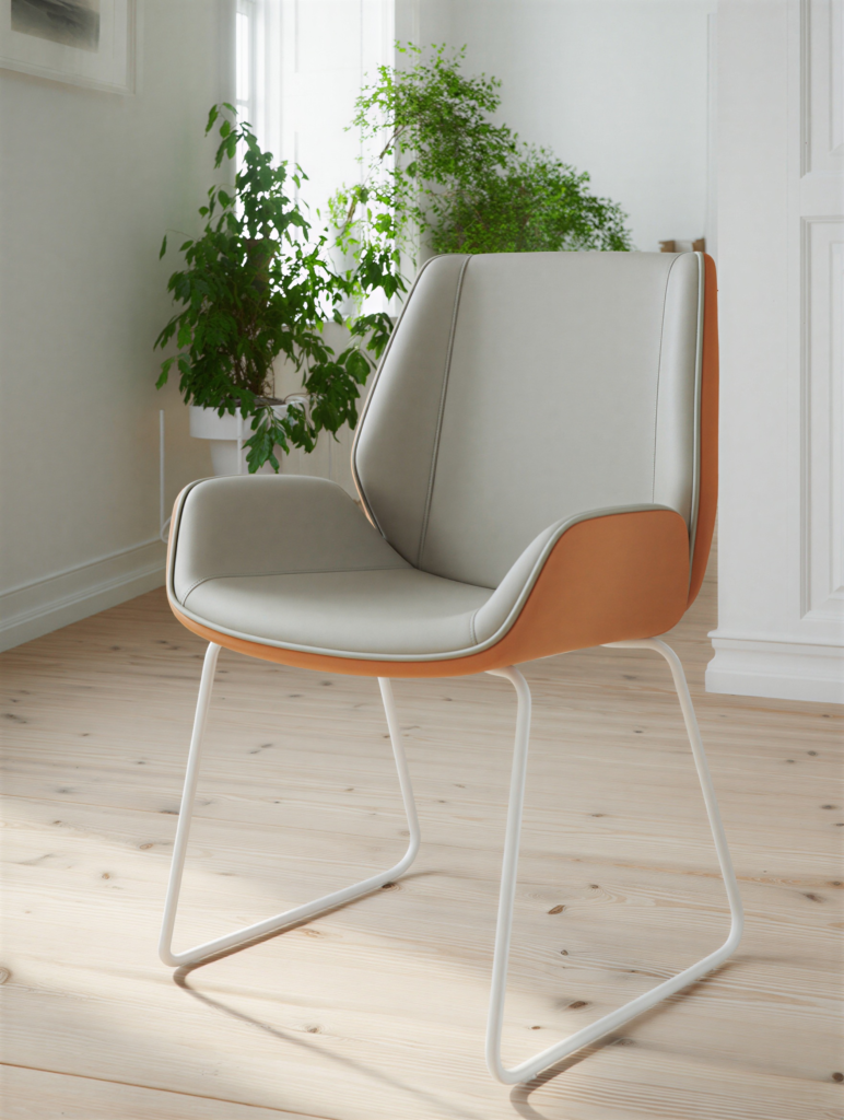 Chaise visiteur La Silhouette cuir véritable bicolore gris clair et camel piètement luge